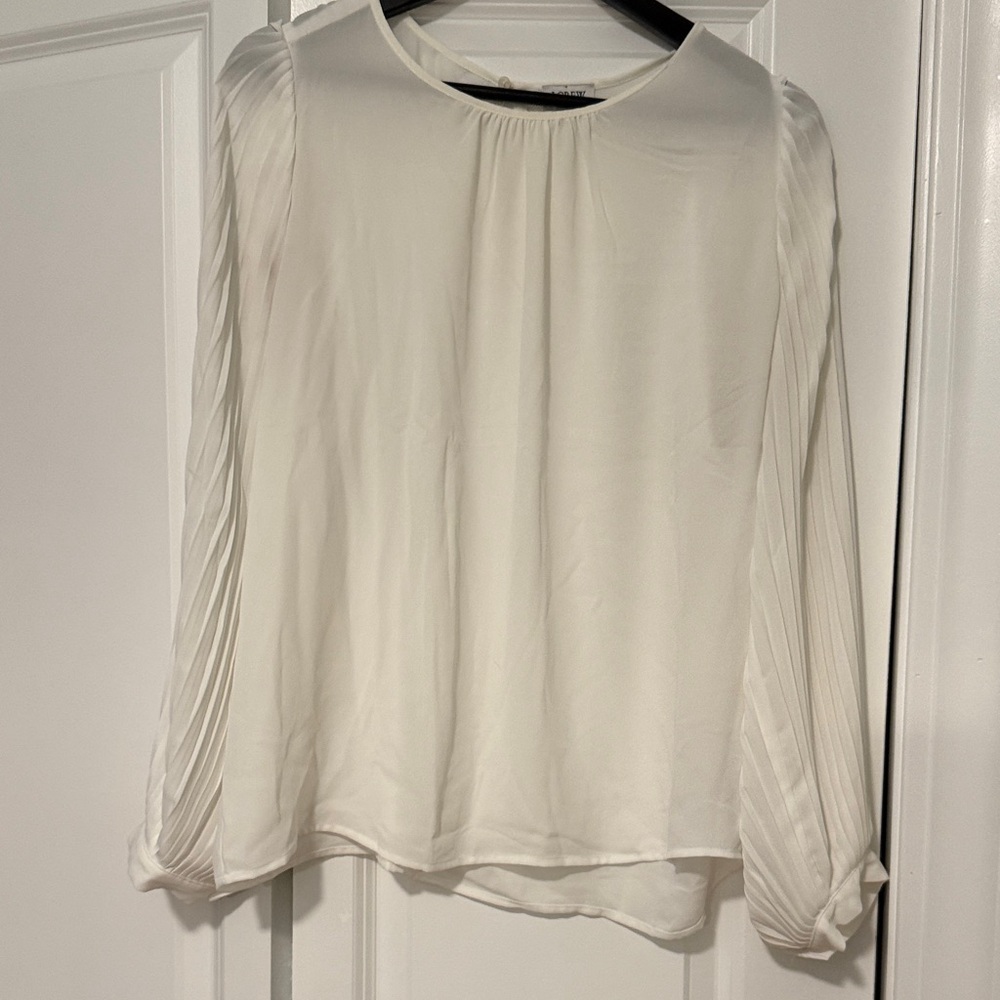 J. Crew White Pleated Long-Sleeve Blouse